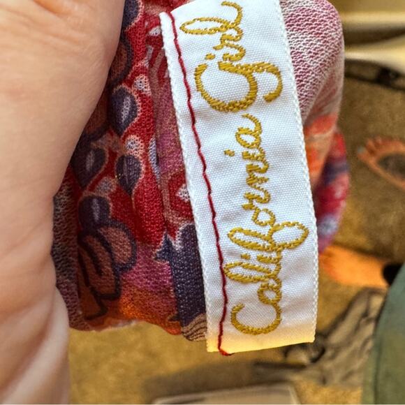 Vintage 70s Red Floral Pleated Knee Length Skirt Womens 16 Sheer Boho Peasant - Picture 7 of 10